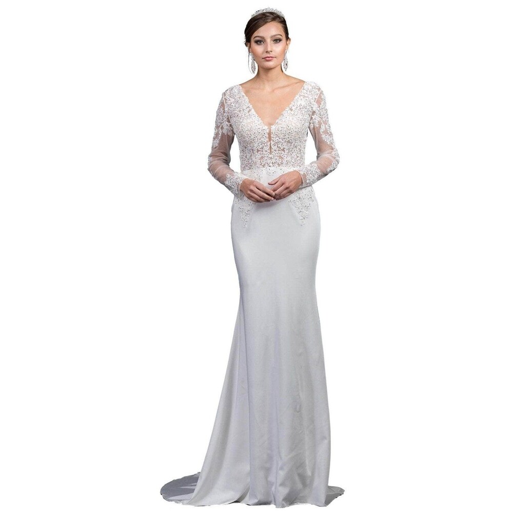 Dancing Queen Bridal #0052 Beaded Lace Sheath Sweep Train Wedding Gown Sz L NWT